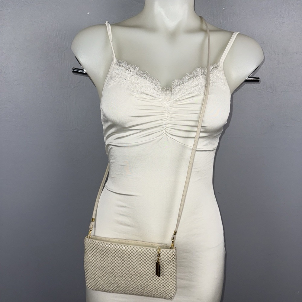 Whiting and Davis Mesh Purse Leather Metal Crossbody Small Beige Evening Wear